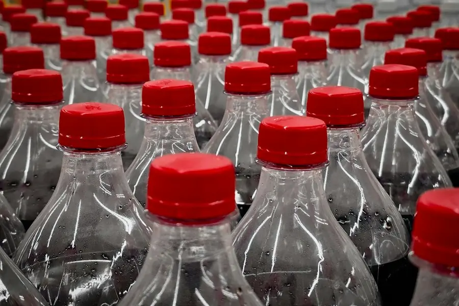 Bottles with red caps lined up