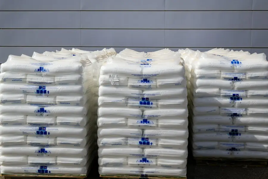 Stacked sacks of plastic resin
